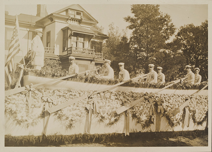 This large float simulated a boat, with oarsmen to propel it down its waterless course, 1905. Jack London Collection. The Huntington Library, Art Collections, and Botanical Gardens.