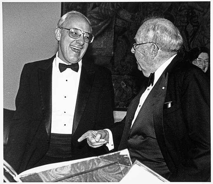 Alan at a Huntington black-tie event, circa 1990, in conversation with Franklin D. Murphy, former chancellor of UCLA and former chairman and CEO of the Times Mirror Company.