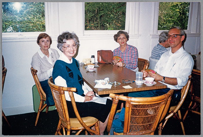 A bridge game among Huntington staff, 1986. Left to right: Debbie Smith, Harriet McCloone, Mary Foster, and Alan Jutzi.