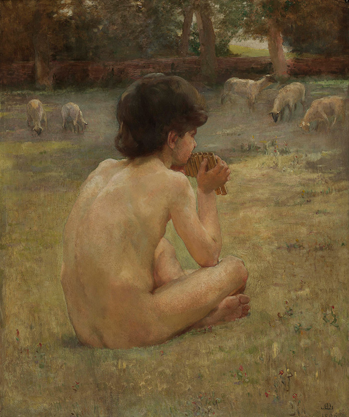 Anna Lea Merritt (1844–1930), Piping Shepherd, 1896, oil on wood, 26 1/8 x 21 5/8 in. Pennsylvania Academy of the Fine Arts, Henry D. Gilpin Fund.