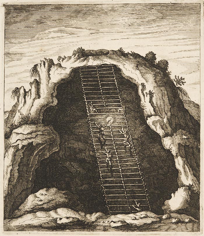 Browne strove, in his writing, to reveal nature’s mysteries, such as the hidden crevices of the subterranean world. Detail from Athanasius Kircher’s Mundus subterraneus, 1678. The Huntington Library, Art Collections, and Botanical Gardens.