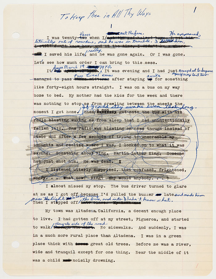 Working draft of Octavia E. Butler’s novel Kindred (formerly titled To Keep thee in All Thy Ways) with handwritten notes by Butler, ca. 1977. Octavia E. Butler papers. The Huntington Library, Art Collections, and Botanical Gardens. Copyright Estate of Octavia E. Butler.