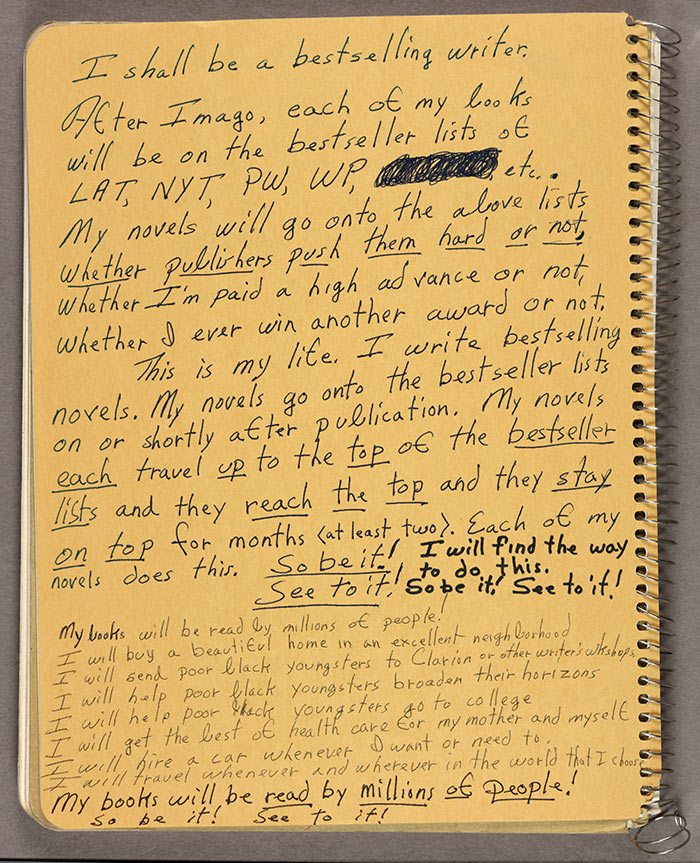 Handwritten notes on inside cover of one of Octavia E. Butler’s commonplace books, 1988. Octavia E. Butler papers. The Huntington Library, Art Collections, and Botanical Gardens. Copyright Estate of Octavia E. Butler.