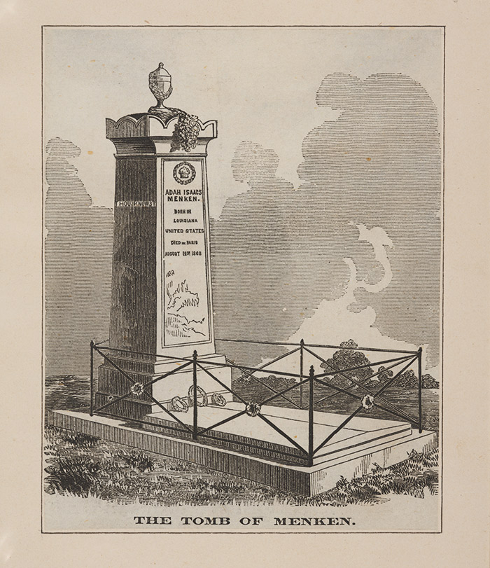 Engraving of Menken’s tomb in Montparnasse Cemetery, with the inscription “Thou Knowest.” The Huntington Library, Art Collections, and Botanical Gardens.