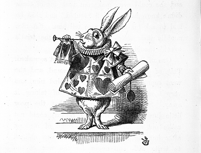 An illustration of the White Rabbit by John Tenniel in the suppressed 1865 edition of Lewis Carroll’s Alice’s Adventures in Wonderland, rendered here in black and white. The Huntington Library, Art Collections, and Botanical Gardens.