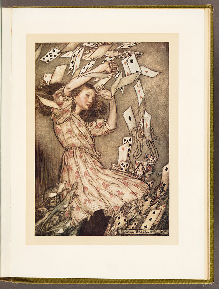 Alice attacked by a pack of cards in Lewis Carroll’s Alice’s Adventures in Wonderland, illustrated by Arthur Rackham, 1907. The Huntington Library, Art Collections, and Botanical Gardens.