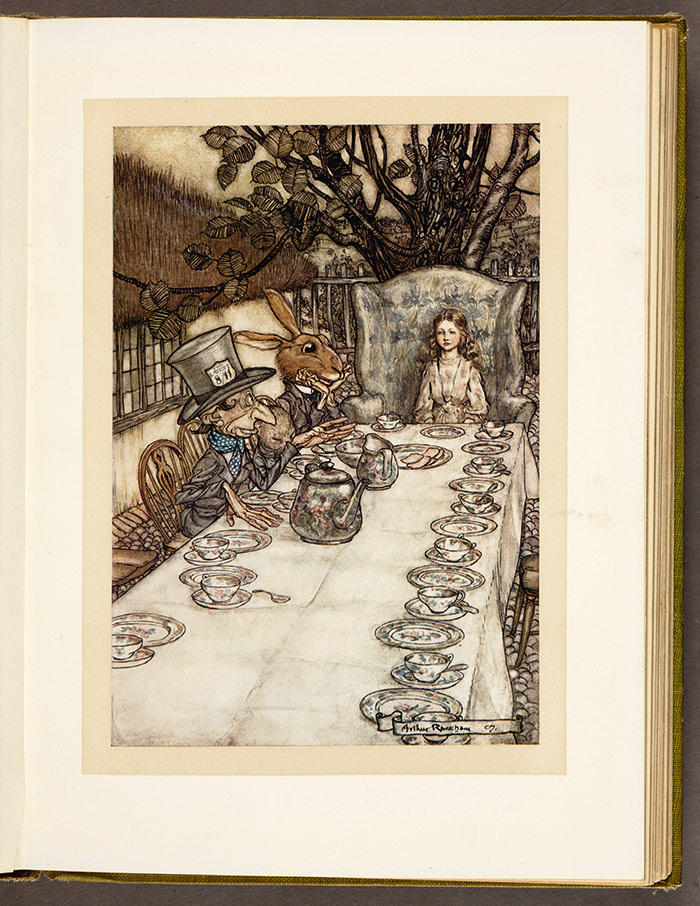 The Mad Tea Party scene in Lewis Carroll’s Alice’s Adventures in Wonderland, illustrated by Arthur Rackham, 1907. The Huntington Library, Art Collections, and Botanical Gardens.