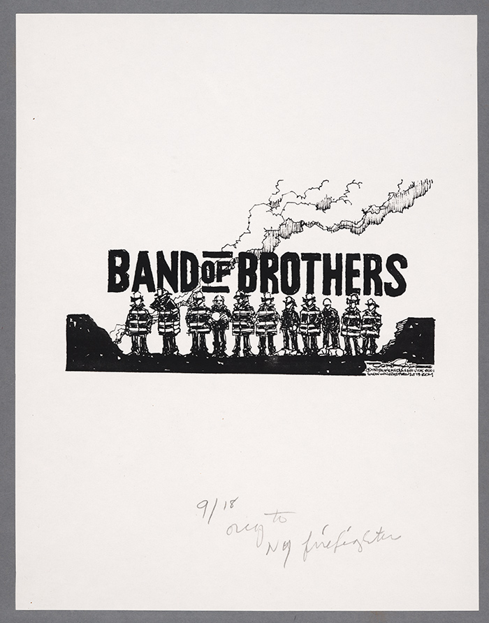 Firefighters depicted as the troops from Band of Brothers. Paul Conrad papers. The Huntington Library, Art Collections, and Botanical Gardens.