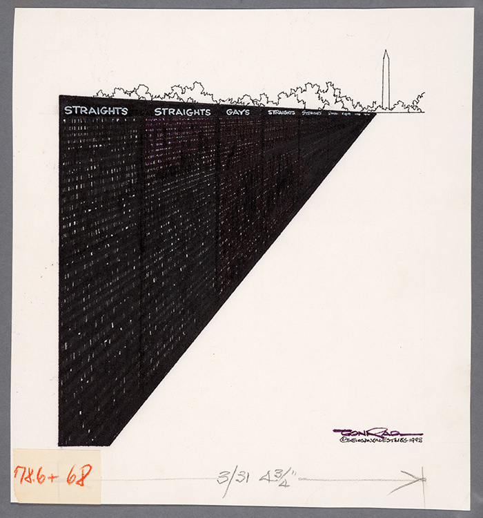 Gays in the military on the Vietnam Veterans Memorial. Paul Conrad papers. The Huntington Library, Art Collections, and Botanical Gardens.