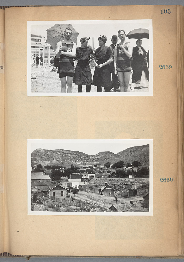 Ralph Arnold pairs two seemingly incongruous shots from 1913 on this page of a photo album. Above is an informal shot that Winninette Arnold took of her husband (on right) standing next to her mother, Ora Stokes, and an unidentified couple in Long Beach, Calif. The photo below, taken by Ralph Arnold, shows a mining town near Pioche, Nevada. The Huntington Library, Art Collections, and Botanical Gardens.