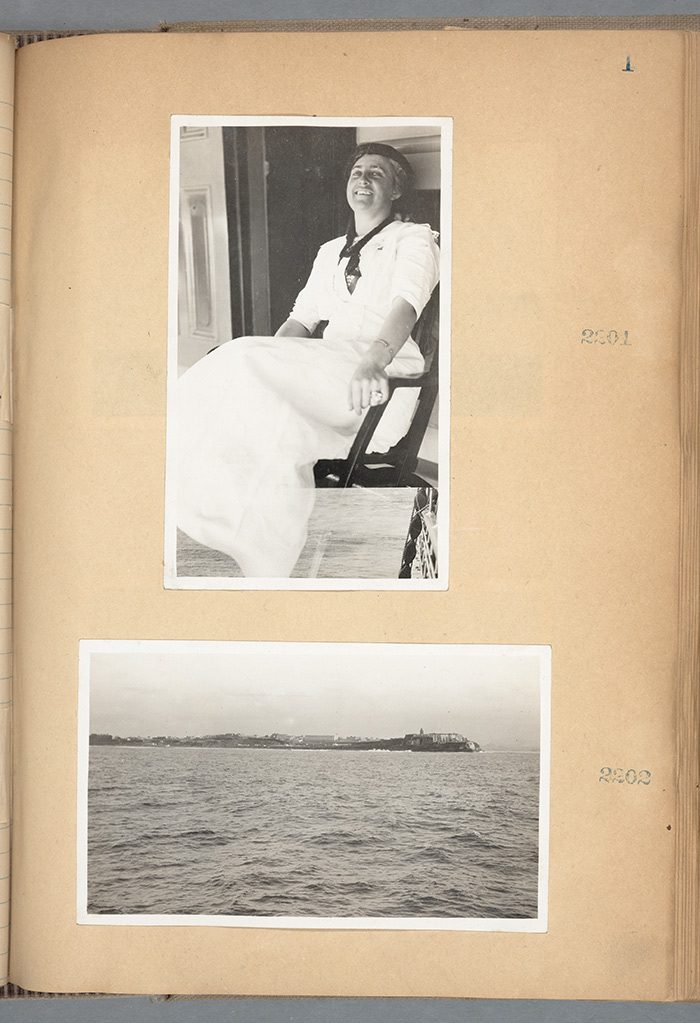 Ralph Arnold took these two photos in 1912 on a business trip to Puerto Rico. Above, his wife, Winninette Arnold, sits on what looks like a boat’s deck chair. Ralph Arnold wrote a caption for the photo below: “View of the fort at San Juan harbour, and San Juan City as viewed from the ocean.” The Huntington Library, Art Collections, and Botanical Gardens.