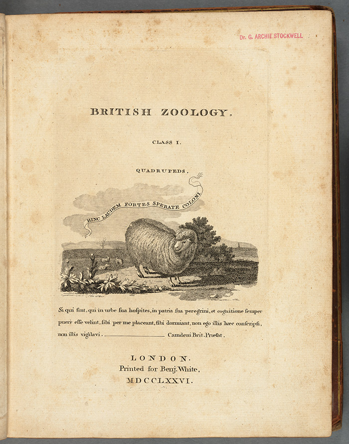 Title page of Thomas Pennant’s British Zoology. The Huntington Library, Art Collections, and Botanical Gardens.