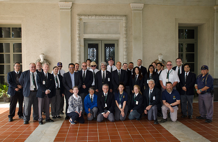 Laurie Sowd (kneeling, far left) with the security group at The Huntington in 2016. Photo by Lisa Blackburn.