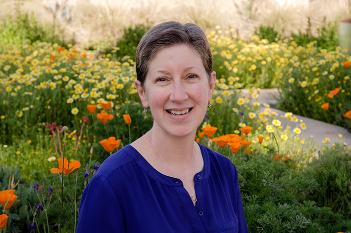 Laurie Sowd in the Celebration Garden of the Steven S. Koblik Education and Visitor Center in 2016. Photo by Lisa Blackburn.