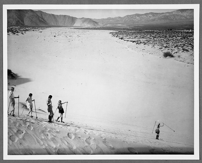 Sand skiing, Palm Springs, Calif., Riverside County, undated. The Eugene Swarzwald Pictorial California and the Pacific Collection of Photographs. The Huntington Library, Art Collections, and Botanical Gardens.