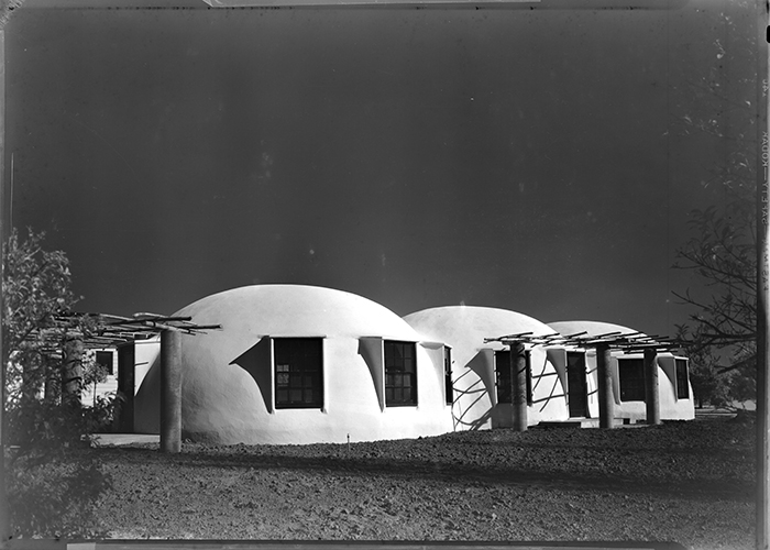 Airform structures, exterior, Loyola University, approximately 1941, The Maynard L. Parker Negatives, Photographs, and Other Material. The Huntington Library, Art Collections, and Botanical Gardens.