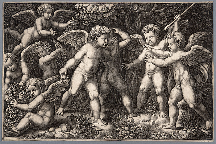 Master of the Die, after Raphael, Putti Playing, engraving, 1532, 18.7 x 28.3 cm. The Huntington Library, Art Collections, and Botanical Gardens.