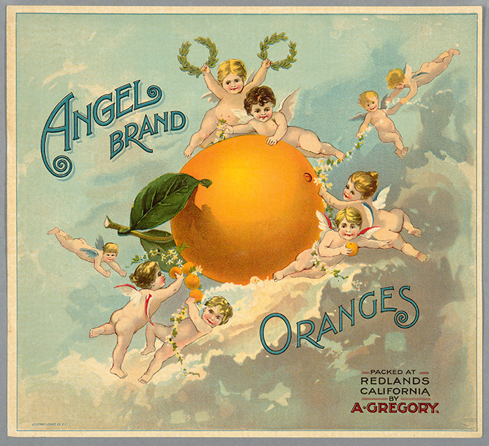 Unknown artist, Angel Brand (advertisement for oranges), colored lithograph, 1900, 25.08 x 27.62 cm. Jay T. Last Collection. The Huntington Library, Art Collections, and Botanical Gardens.