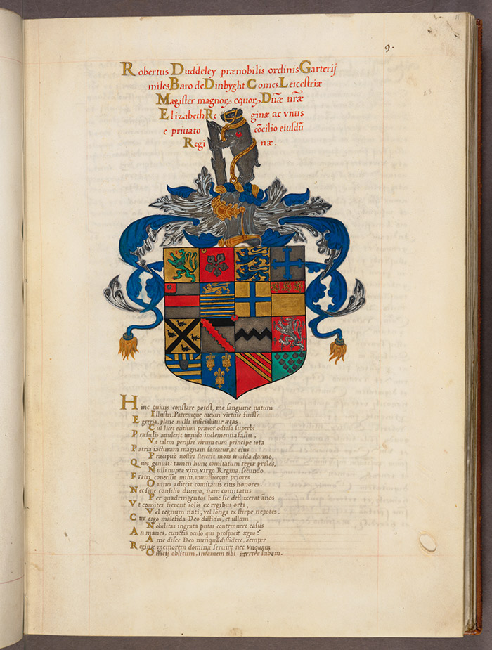 Arms of Robert Dudley, Earl of Leicester, with verses in the calligraphic script of John de Beauchesne, Heroica Eulogia, William Bowyer, 1567. The Huntington Library, Art Collections, and Botanical Gardens.
