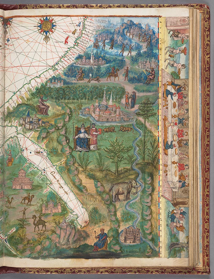 All the charts of the Vallard Atlas are oriented to the south. The large elongated body of water is the Red Sea. Follow the coastline to the right and you’ll see the Horn of Africa and then further on, the island of Zanzibar, across from present-day Tanzania. Vallard Atlas, France, 1547, Chart 4 (HM 29). The Huntington Library, Art Collections, and Botanical Gardens.