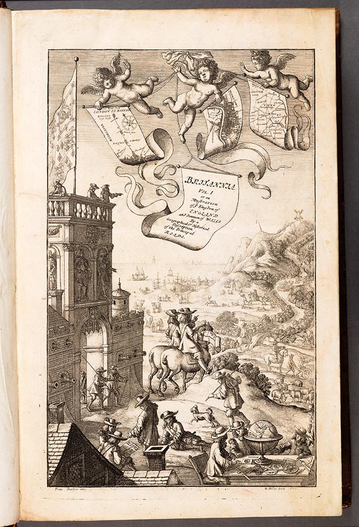 Frontispiece of John Ogilby’s Britannia (1675), drawn by Francis Barlow, engraved by Wenceslaus Hollar. This image illustrates the new possibilities for fast and and effective communication across an increasingly sophisticated road network. The Huntington Library, Art Collections, and Botanical Gardens.