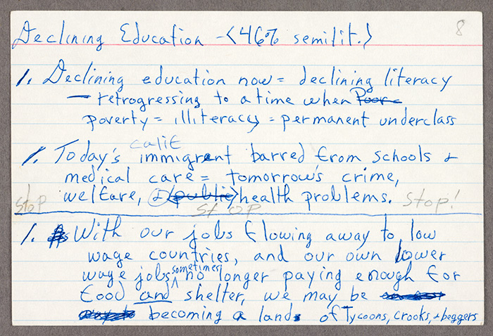 Notecard of handwritten notes by Octavia E. Butler for a speech related to her novel Parable of the Sower, ca. 1995. Octavia E. Butler papers. The Huntington Library, Art Collections, and Botanical Gardens. Copyright Estate of Octavia E. Butler.