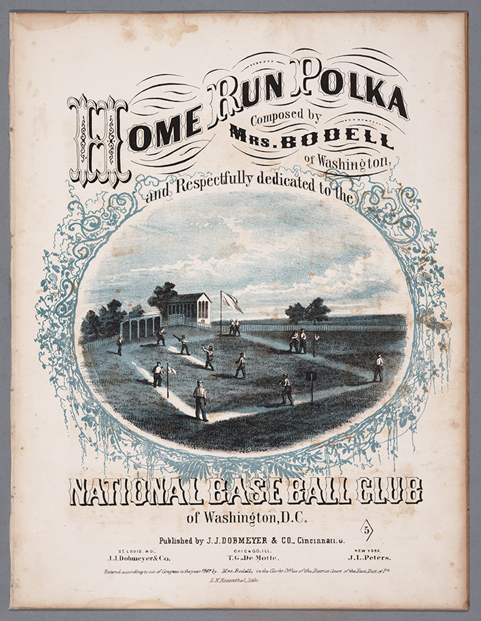 Home Run Polka. Sheet music, 1867. Printed by L. N. Rosenthal, Philadelphia, Pa., color lithograph on paper, 13½” x 10½”. This illustrated cover shows a loose interpretation of the Massachusetts Game rules for laying out the grounds. Two key features are depicted: a square field and stakes for bases. Gift of Jay T. Last. The Huntington Library, Art Collections, and Botanical Gardens.
