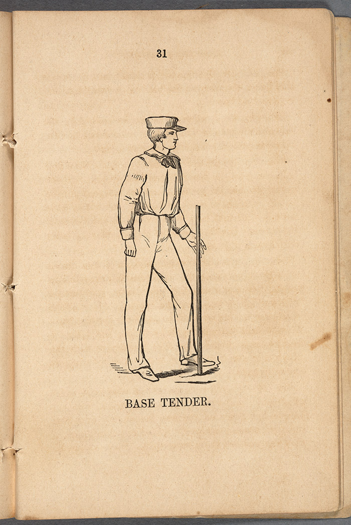 Base Tender. From The Base Ball Player’s Pocket Companion, 1859. Published by Mayhew & Baker, Boston, Mass. 5½” x 3¾”. One of four woodcut illustrations of Massachusetts Game players; the others are titled The Thrower, The Striker, and The Catcher. The Huntington Library, Art Collections, and Botanical Gardens.