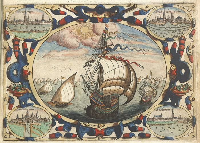 Detail from the title page of Itinerario, voyage ofte schipvaert, 1596, Jan Huygen van Linschoten. The Huntington Library, Art Collections, and Botanical Gardens.