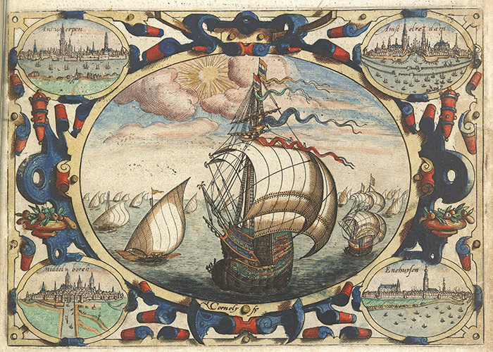 Detail from the title page of Itinerario, voyage ofte schipvaert, 1596, Jan Huygen van Linschoten. The Huntington Library, Art Collections, and Botanical Gardens.