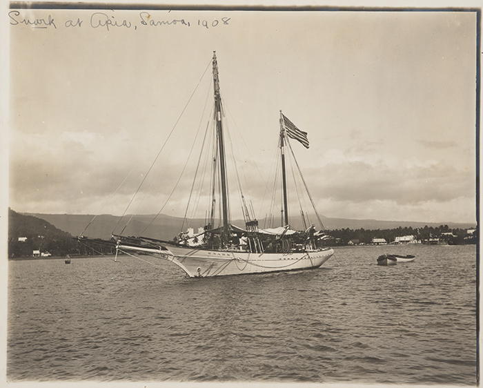 Snark, the vessel on which the Londons and their crew attempted an around-the-world trip, at anchor in Apia, Samoa, 1908. Photo by Jack London. The Huntington Library, Art Collections, and Botanical Gardens.