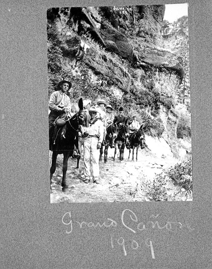 Charmian London and Jack London (third and fourth from the left) on a guided mule trip into the Grand Canyon. Photographer unknown, 1909. The Huntington Library, Art Collections, and Botanical Gardens.