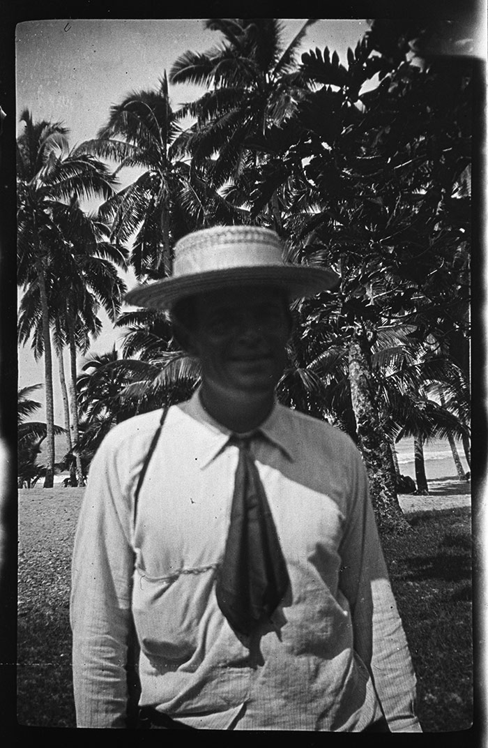 Jack London in Samoa, wearing a straw hat. Photo attributed to Charmian London, 1908. The Huntington Library, Art Collections, and Botanical Gardens.