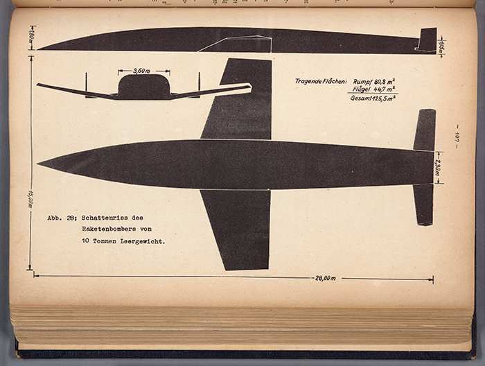 Silhouette of the bomber that Sänger called Silbervogel, or Silver Bird, from Über einen Raketenantrieb für Fernbomber (A Rocket Drive for Long-Range Bombers). The Huntington Library, Art Collections, and Botanical Gardens.