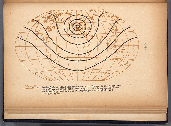 Global map indicating the theoretical maximum range of the proposed bomber Silbervogel, or Silver Bird, from Über einen Raketenantrieb für Fernbomber (A Rocket Drive for Long-Range Bombers). The Huntington Library, Art Collections, and Botanical Gardens.