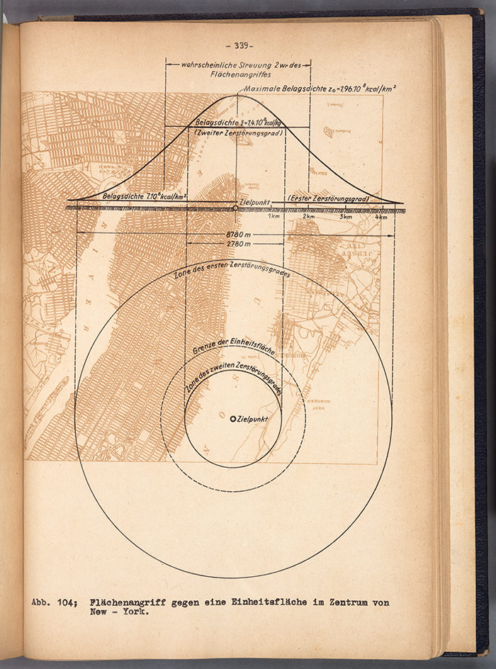 Map of New York City as a bombing target for the Silver Bird in Über einen Raketenantrieb für Fernbomber (A Rocket Drive for Long-Range Bombers). The Huntington Library, Art Collections, and Botanical Gardens.