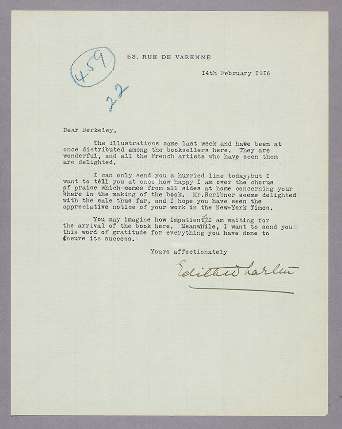 Letter from Edith Wharton to Daniel Berkeley Updike, Feb. 14, 1916. The Huntington Library, Art Collections, and Botanical Gardens.