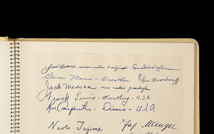 Autograph of Jesse Owens (top left) in a memorial album of the 1936 Olympic Games in Berlin. Harry Meiggs Wolter papers. The Huntington Library, Art Collections, and Botanical Gardens.
