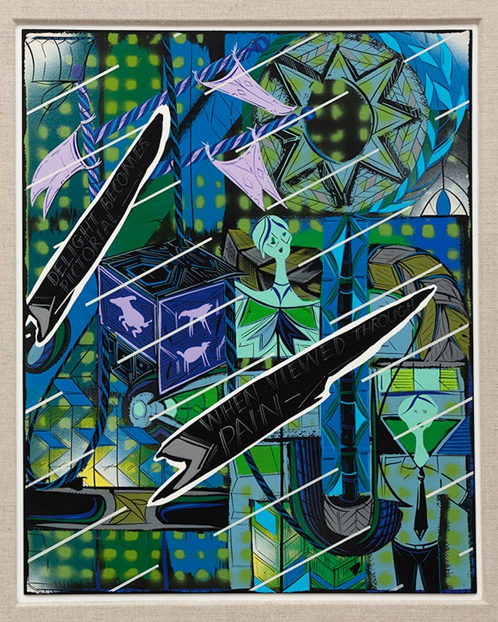 Lari Pittman, from 10 Divinations by Emily Dickinson in Greens and Blues, 2015, acrylic and lacquer spray over gessoed heavy weight, paper board. © Lari Pittman, courtesy of the artist and Regen projects, Los Angeles.