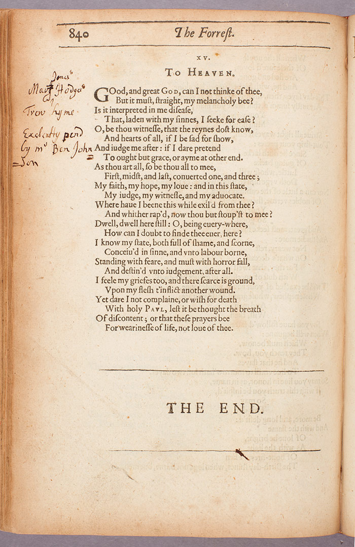 The Works of Benjamin Jonson, 1616, page 840, with note reading “Mary [Jones] Hodge trew hyme Exclently pend by Mr Ben Johnson.” The Huntington Library, Art Collections, and Botanical Gardens.