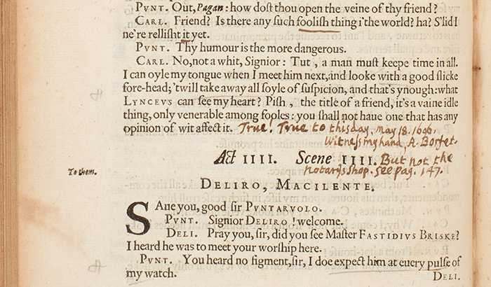 The Works of Benjamin Jonson, 1616, detail of page 142, with note reading “True! True to this day, May 18. 1696. Witness my hand, A. Borfet.” The Huntington Library, Art Collections, and Botanical Gardens.