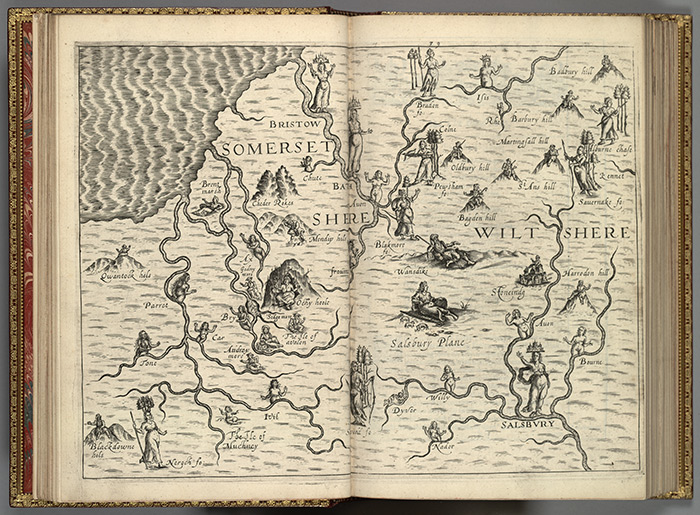 Map indicating rivers in Somerset and Wiltshire counties from Michael Drayton’s Poly-Olbion, 1613. The Huntington Library, Art Collections, and Botanical Gardens.