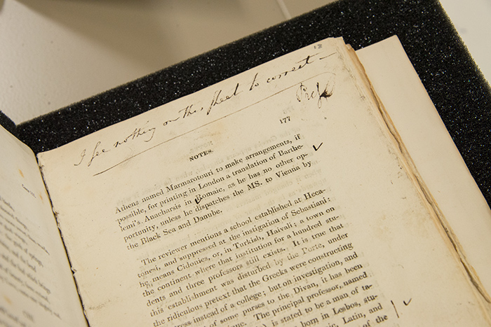 Lord Byron’s handwriting in a copy of the seventh edition of his narrative poem Childe Harold’s Pilgrimmage, 1814. The Huntington Library, Art Collections, and Botanical Gardens. Photo by Kate Lain.