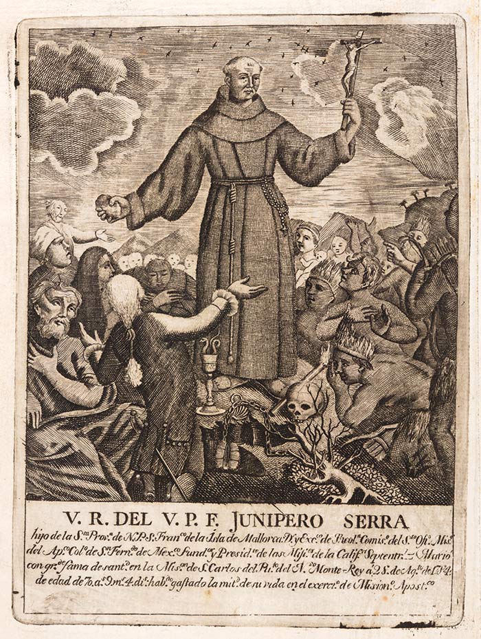 What and how people were moved—and to what end—were central to the experience of religious affections. Here, the Franciscan friar and missionary Junípero Serra, recently and controversially canonized by the Catholic Church, preaches to a crowd of Native Americans holding a stone in one hand and a crucifix in the other. Frontispiece of Relacion Historica, 1787, by Francisco Palou. The Huntington Library, Art Collections, and Botanical Gardens.