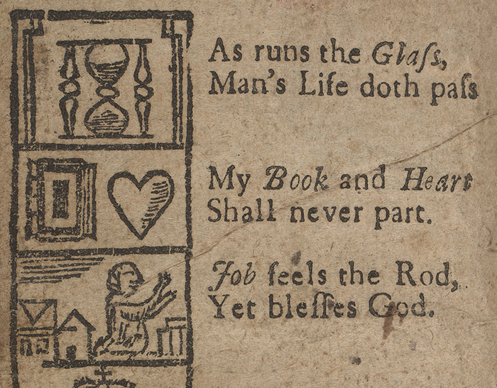 Instruction in religious affections began in childhood in the New England colonies. First advertised in 1690, The New-England Primer was a popular schoolbook for decades and it taught Puritan beliefs along with literacy. The picture alphabet offered memorable rhymes, including the central one above about the Bible and the heart. Detail from The New-England primer, enlarged: for the more easy attaining the true reading of English, 1735. The Huntington Library, Art Collections, and Botanical Gardens.