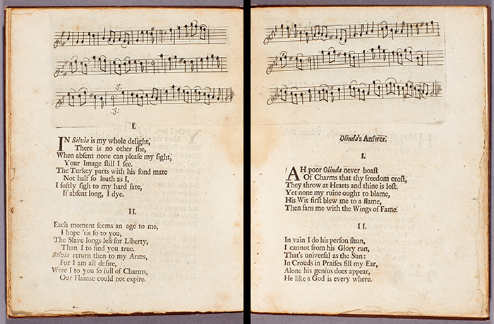 A Collection of Twenty Four Songs (London, 1685). Two-page opening (pages [12]–[13]) showing two songs: “In Silvia is my whole delight” (anonymous and unique) and “Ah poor Olinda never boast” (music by Robert King and text by “a Lady,” from the play A Duke and No Duke by Nahum Tate). The Huntington Library, Art Collections, and Botanical Gardens.