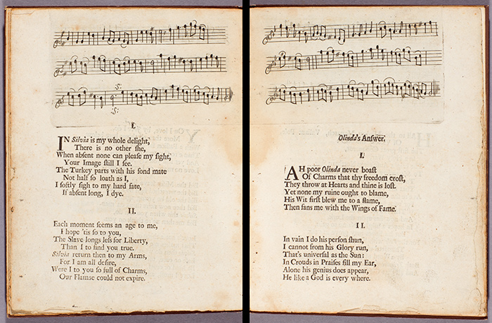 A Collection of Twenty Four Songs (London, 1685). Two-page opening (pages [12]–[13]) showing two songs: “In Silvia is my whole delight” (anonymous and unique) and “Ah poor Olinda never boast” (music by Robert King and text by “a Lady,” from the play A Duke and No Duke by Nahum Tate). The Huntington Library, Art Collections, and Botanical Gardens.
