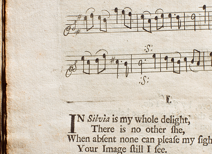 A Collection of Twenty Four Songs (London, 1685). Detail of page [12], showing the impression (“bite”) left by the copper plate used to print the musical notes. The Huntington Library, Art Collections, and Botanical Gardens.