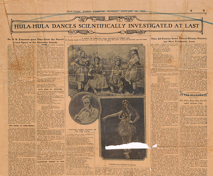 Detail of an article about Emerson’s book Unwritten Literature of Hawaii in the New York Daily Tribune, Sunday, Jan. 23, 1910. The Huntington Library, Art Collections, and Botanical Gardens.