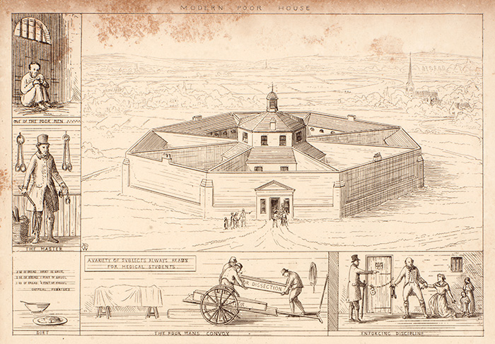 The windowless octagonal Modern Poor House sits isolated on the outskirts of town. Debtors and paupers are whipped and then chained and imprisoned in solitary confinement. Their diet is composed of bread and gruel. Detail from Augustus Welby Northmore Pugin’s “Contrasted Residences for the Poor: Modern Poor House; Ancient Poor House” in Contrasts, or, A parallel between the noble edifices of the Middle Ages, and corresponding buildings of the present day, shewing the present decay of taste, 1841. The Huntington Library, Art Collections, and Botanical Gardens.